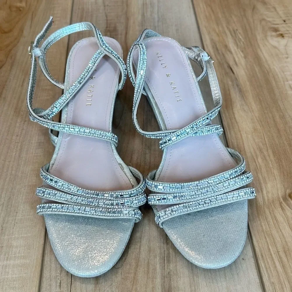 Kelly & Katie Tahada Rhinestone Gold Wedge Heel Open Toe Strap Sandal Shoe 8 1/2